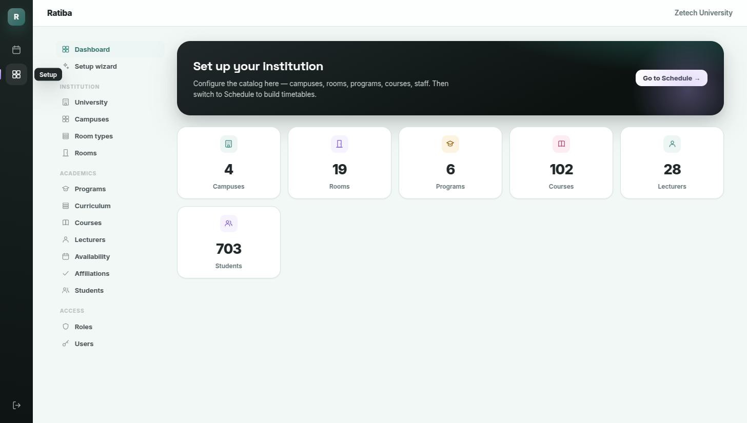 The admin dashboard, populated with a full demo institution: 4 campuses, 19 rooms, 102 courses, 28 lecturers, 703 students